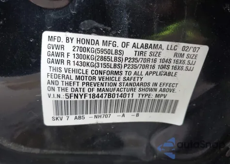 2007 Honda Pilot Ex из США, поврежденный, VIN 5FNYF18447B014011